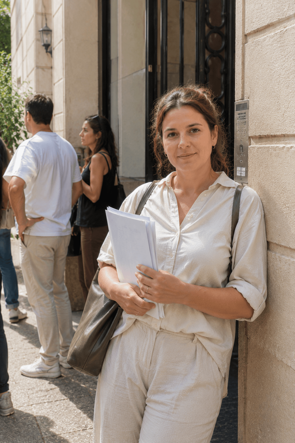 Tenant holding application documents outside an apartment building